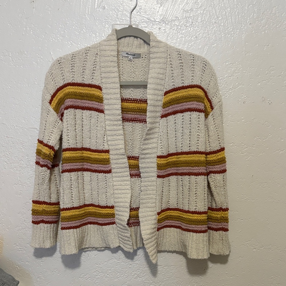 🌤️🧶🌈Madewell Cream Open Front Cardigan Sweater w/ Red Yellow Green Stripes Small